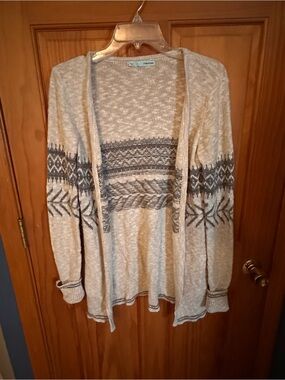 Maurices Beige and Gray Open-Front Nordic Pattern Cardigan